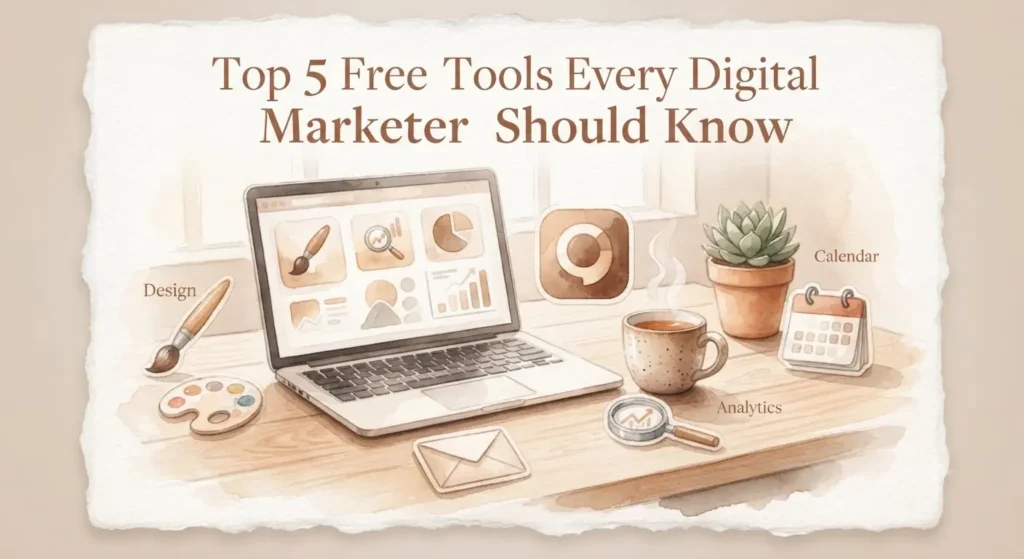 Illustration of a laptop with design, analytics, and calendar tool icons on a desk, showcasing free tools for digital marketers