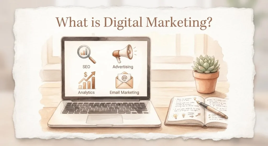 Illustration of a laptop displaying SEO, advertising, analytics, and email marketing icons, introducing the basics of digital marketing