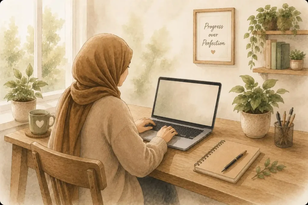 Illustration of a freelance digital marketer in Hounslow working on a laptop.