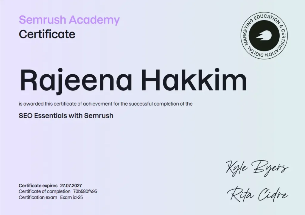 Semrush certificate freelance digital marketer in Hounslow